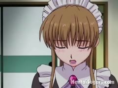 Innocent looking hentai maid rubbing her masters thick cock