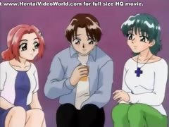 Anime with dude pleased by two pussies