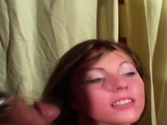 Becky gets on her knees for group of men to cum on her face